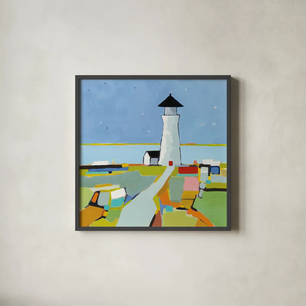 To the Lighthouse by Phyllis Adams. Shown in a sleek black glass frame for a contemporary gallery look. Available as an archival giclee rolled canvas, fine art paper, or poster print. SKU 45892a.