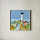 To the Lighthouse by Phyllis Adams. Shown in a crisp white glass frame for a clean and minimalist style. Available as an archival giclee rolled canvas, fine art paper, or poster print. SKU 45892a.