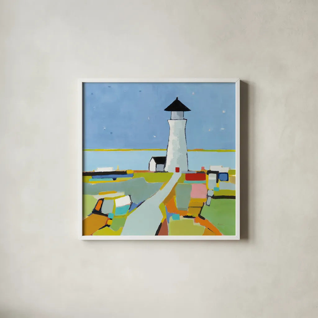 To the Lighthouse by Phyllis Adams. Shown in a crisp white glass frame for a clean and minimalist style. Available as an archival giclee rolled canvas, fine art paper, or poster print. SKU 45892a.