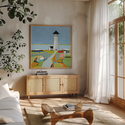 To the Lighthouse by Phyllis Adams. Shown in a natural wood frame in a cozy modern living room. Available as an archival giclee rolled canvas, fine art paper, or poster print. SKU 45892a.