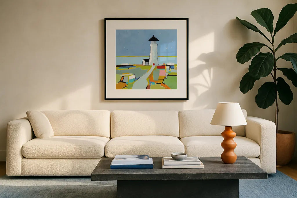 To the Lighthouse by Phyllis Adams. Displayed in a glass frame with matte in a clean modern living room. Available as an archival giclee rolled canvas, fine art paper, or poster print. SKU 45892a.