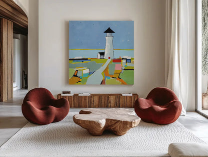 To the Lighthouse by Phyllis Adams. Shown as extra-large giant wall art in a modern living room. Available as an archival giclee rolled canvas, fine art paper, or poster print. SKU 45892a.