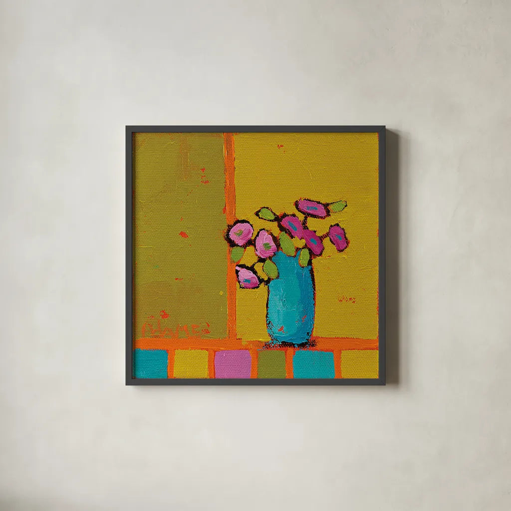 Turquoise Vase by Phyllis Adams. Shown in a sleek black glass frame for a contemporary gallery look. Available as an archival giclee rolled canvas, fine art paper, or poster print. SKU 27318a.