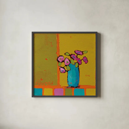 Turquoise Vase by Phyllis Adams. Shown in a sleek black glass frame for a contemporary gallery look. Available as an archival giclee rolled canvas, fine art paper, or poster print. SKU 27318a.