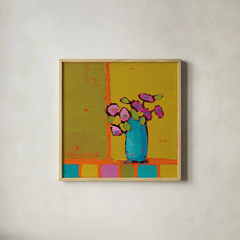 Turquoise Vase by Phyllis Adams. Shown in a natural wood glass frame for a timeless modern aesthetic. Available as an archival giclee rolled canvas, fine art paper, or poster print. SKU 27318a.