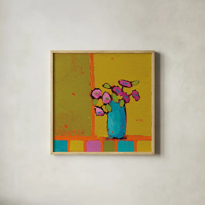 Turquoise Vase by Phyllis Adams. Shown in a natural wood glass frame for a timeless modern aesthetic. Available as an archival giclee rolled canvas, fine art paper, or poster print. SKU 27318a.