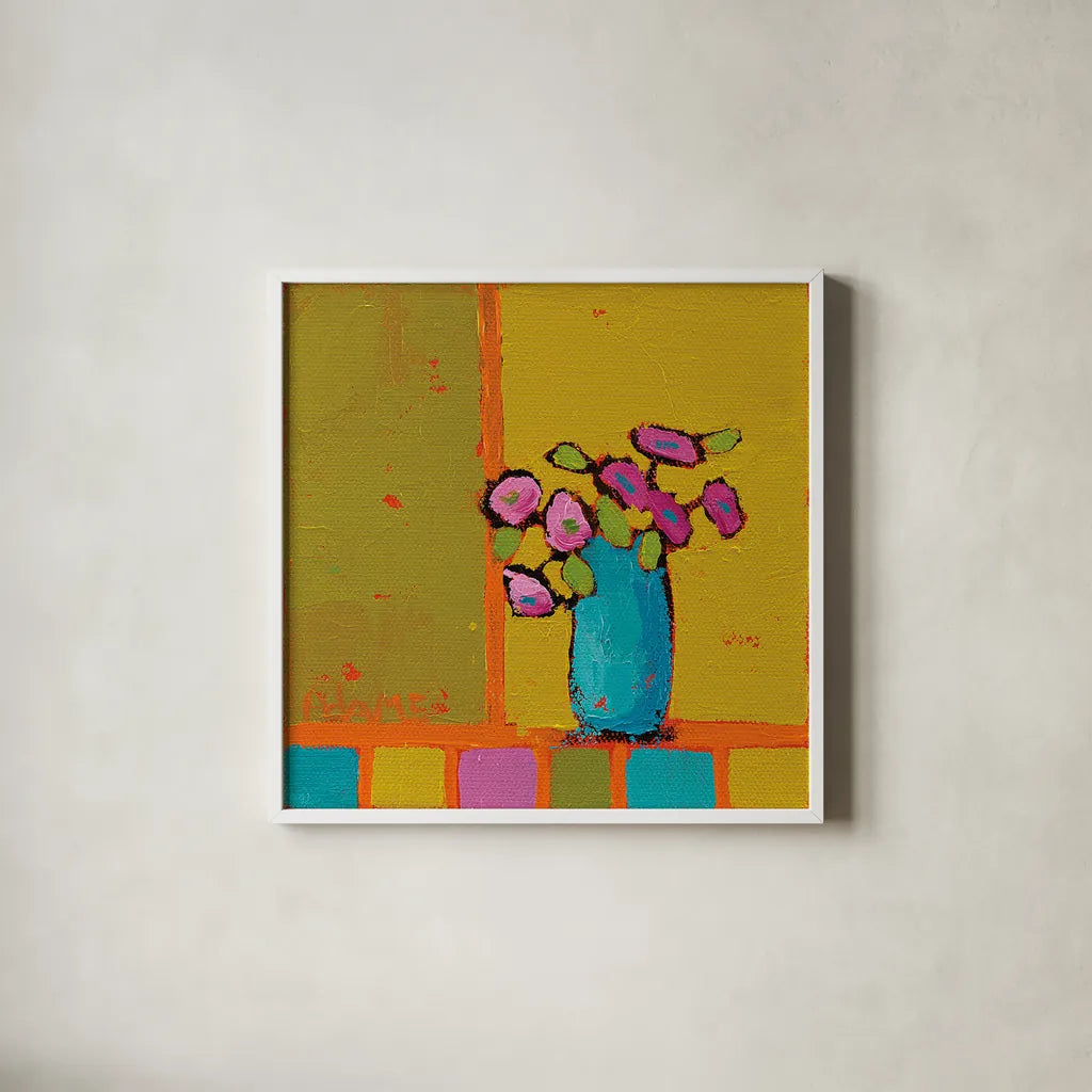 Turquoise Vase by Phyllis Adams. Shown in a crisp white glass frame for a clean and minimalist style. Available as an archival giclee rolled canvas, fine art paper, or poster print. SKU 27318a.