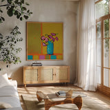 Turquoise Vase by Phyllis Adams. Shown in a natural wood frame in a cozy modern living room. Available as an archival giclee rolled canvas, fine art paper, or poster print. SKU 27318a.
