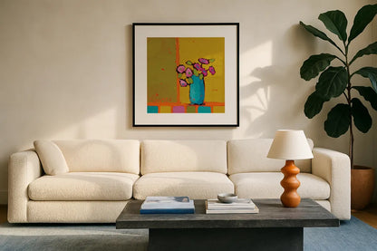 Turquoise Vase by Phyllis Adams. Displayed in a glass frame with matte in a clean modern living room. Available as an archival giclee rolled canvas, fine art paper, or poster print. SKU 27318a.