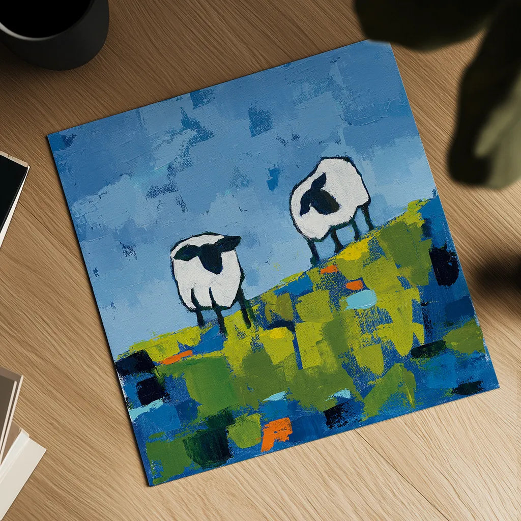 Two Sheep by Phyllis Adams. Shown as a detailed flat fine art print, highlighting archival giclee quality. Available as an archival giclee rolled canvas, fine art paper, or poster print. SKU 27253a.