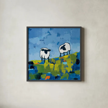 Two Sheep by Phyllis Adams. Shown in a sleek black glass frame for a contemporary gallery look. Available as an archival giclee rolled canvas, fine art paper, or poster print. SKU 27253a.