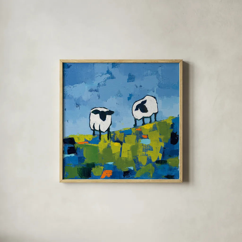 Two Sheep by Phyllis Adams. Shown in a natural wood glass frame for a timeless modern aesthetic. Available as an archival giclee rolled canvas, fine art paper, or poster print. SKU 27253a.