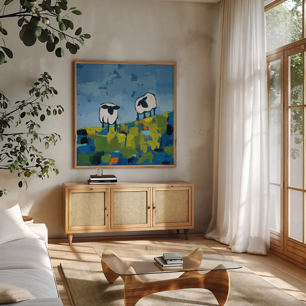 Two Sheep by Phyllis Adams. Shown in a natural wood frame in a cozy modern living room. Available as an archival giclee rolled canvas, fine art paper, or poster print. SKU 27253a.