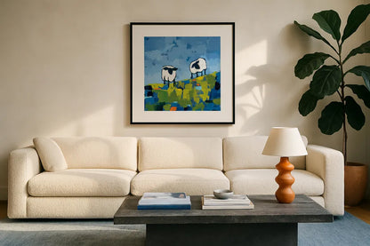 Two Sheep by Phyllis Adams. Displayed in a glass frame with matte in a clean modern living room. Available as an archival giclee rolled canvas, fine art paper, or poster print. SKU 27253a.
