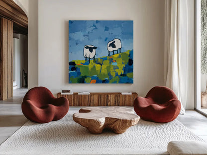 Two Sheep by Phyllis Adams. Shown as extra-large giant wall art in a modern living room. Available as an archival giclee rolled canvas, fine art paper, or poster print. SKU 27253a.
