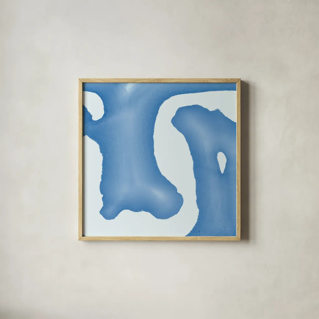 Batik Blue I by Piper Rhue. Shown in a natural wood glass frame for a timeless modern aesthetic. Available as an archival giclee rolled canvas, fine art paper, or poster print. SKU 32794a.