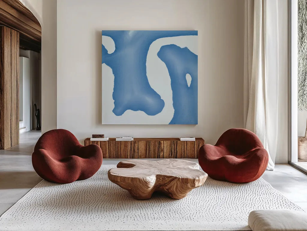 Batik Blue I by Piper Rhue. Shown as extra-large giant wall art in a modern living room. Available as an archival giclee rolled canvas, fine art paper, or poster print. SKU 32794a.