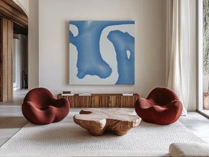 Batik Blue I by Piper Rhue. Shown as extra-large giant wall art in a modern living room. Available as an archival giclee rolled canvas, fine art paper, or poster print. SKU 32794a.