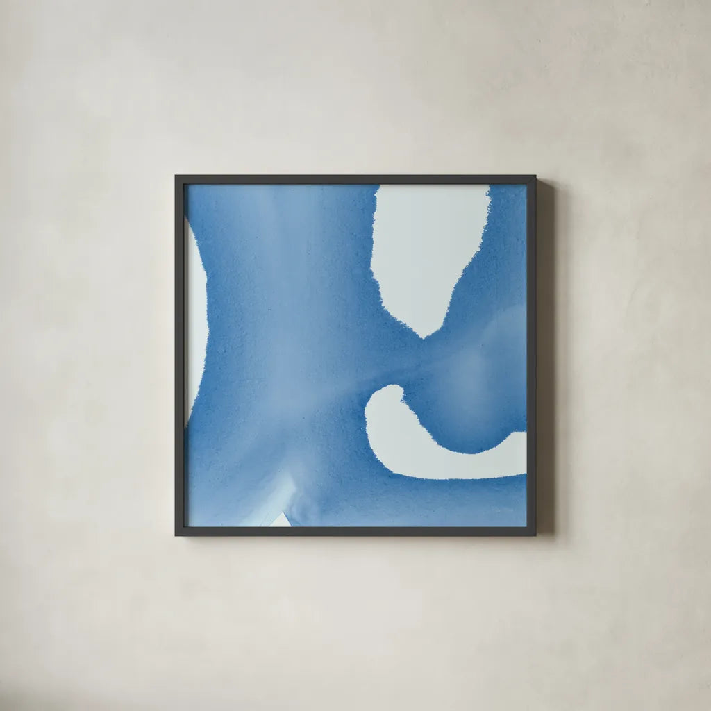 Batik Blue II by Piper Rhue. Shown in a sleek black glass frame for a contemporary gallery look. Available as an archival giclee rolled canvas, fine art paper, or poster print. SKU 32795a.