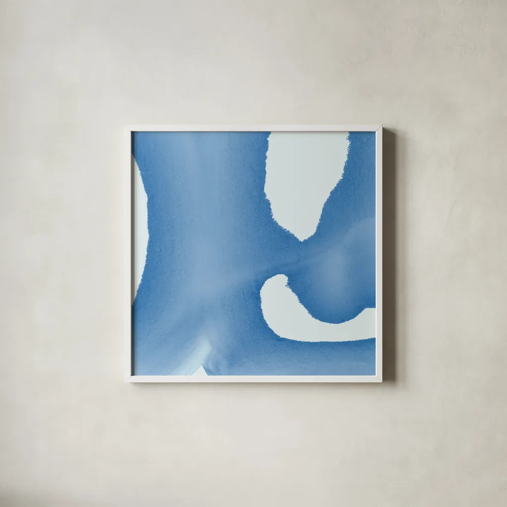 Batik Blue II by Piper Rhue. Shown in a crisp white glass frame for a clean and minimalist style. Available as an archival giclee rolled canvas, fine art paper, or poster print. SKU 32795a.