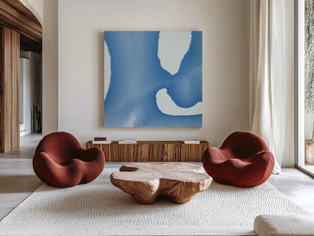 Batik Blue II by Piper Rhue. Shown as extra-large giant wall art in a modern living room. Available as an archival giclee rolled canvas, fine art paper, or poster print. SKU 32795a.