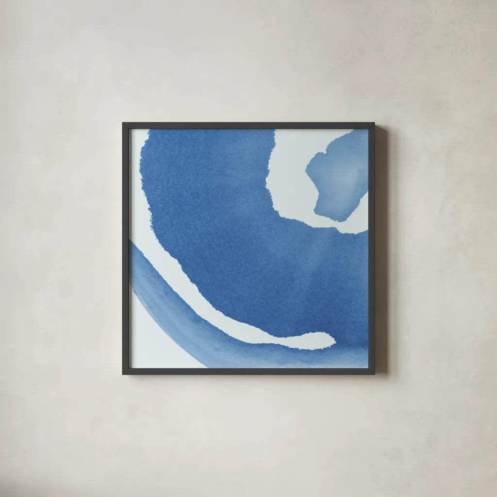 Batik Blue III by Piper Rhue. Shown in a sleek black glass frame for a contemporary gallery look. Available as an archival giclee rolled canvas, fine art paper, or poster print. SKU 34419a.