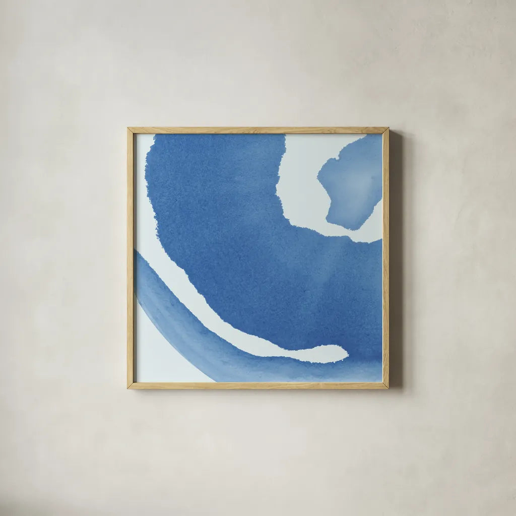 Batik Blue III by Piper Rhue. Shown in a natural wood glass frame for a timeless modern aesthetic. Available as an archival giclee rolled canvas, fine art paper, or poster print. SKU 34419a.