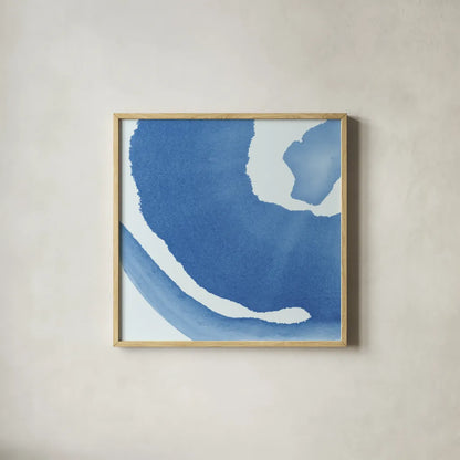 Batik Blue III by Piper Rhue. Shown in a natural wood glass frame for a timeless modern aesthetic. Available as an archival giclee rolled canvas, fine art paper, or poster print. SKU 34419a.