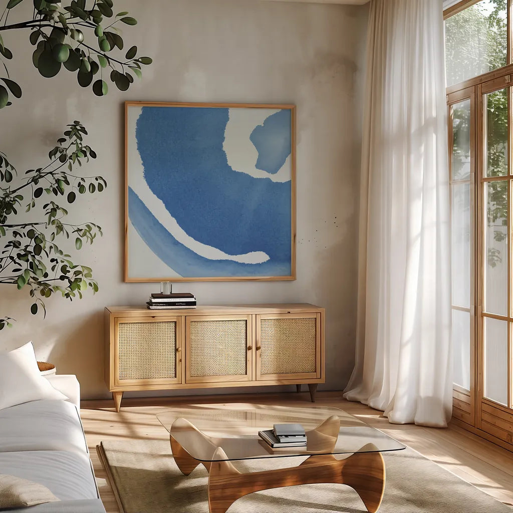 Batik Blue III by Piper Rhue. Shown in a natural wood frame in a cozy modern living room. Available as an archival giclee rolled canvas, fine art paper, or poster print. SKU 34419a.