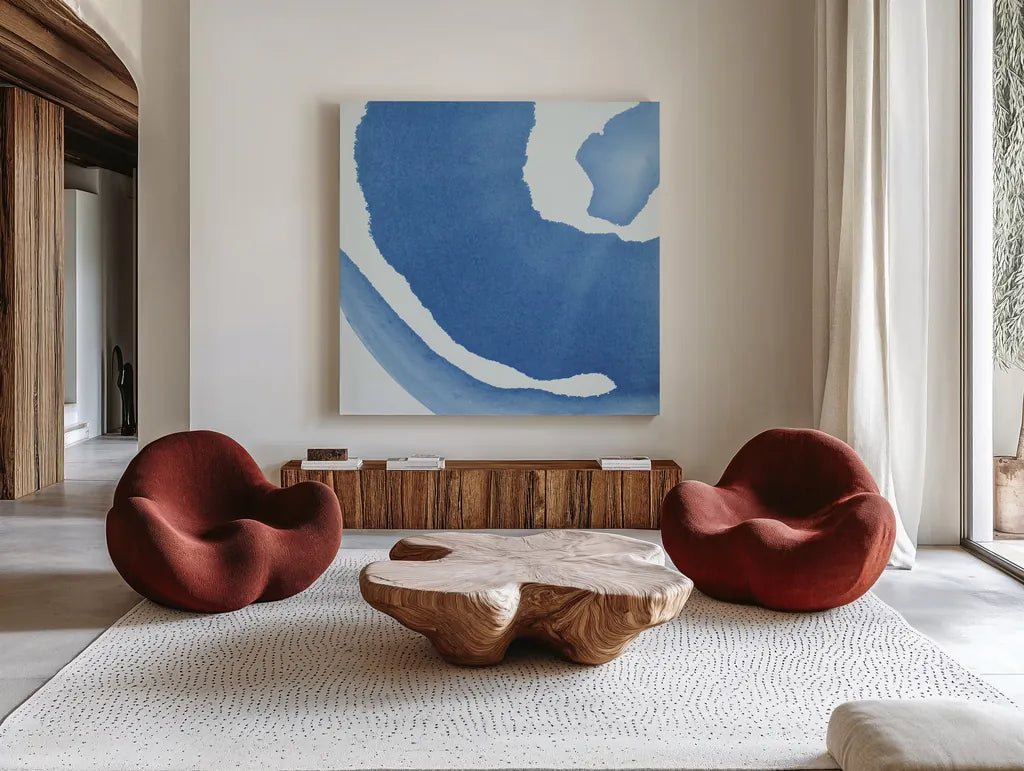 Batik Blue III by Piper Rhue. Shown as extra-large giant wall art in a modern living room. Available as an archival giclee rolled canvas, fine art paper, or poster print. SKU 34419a.
