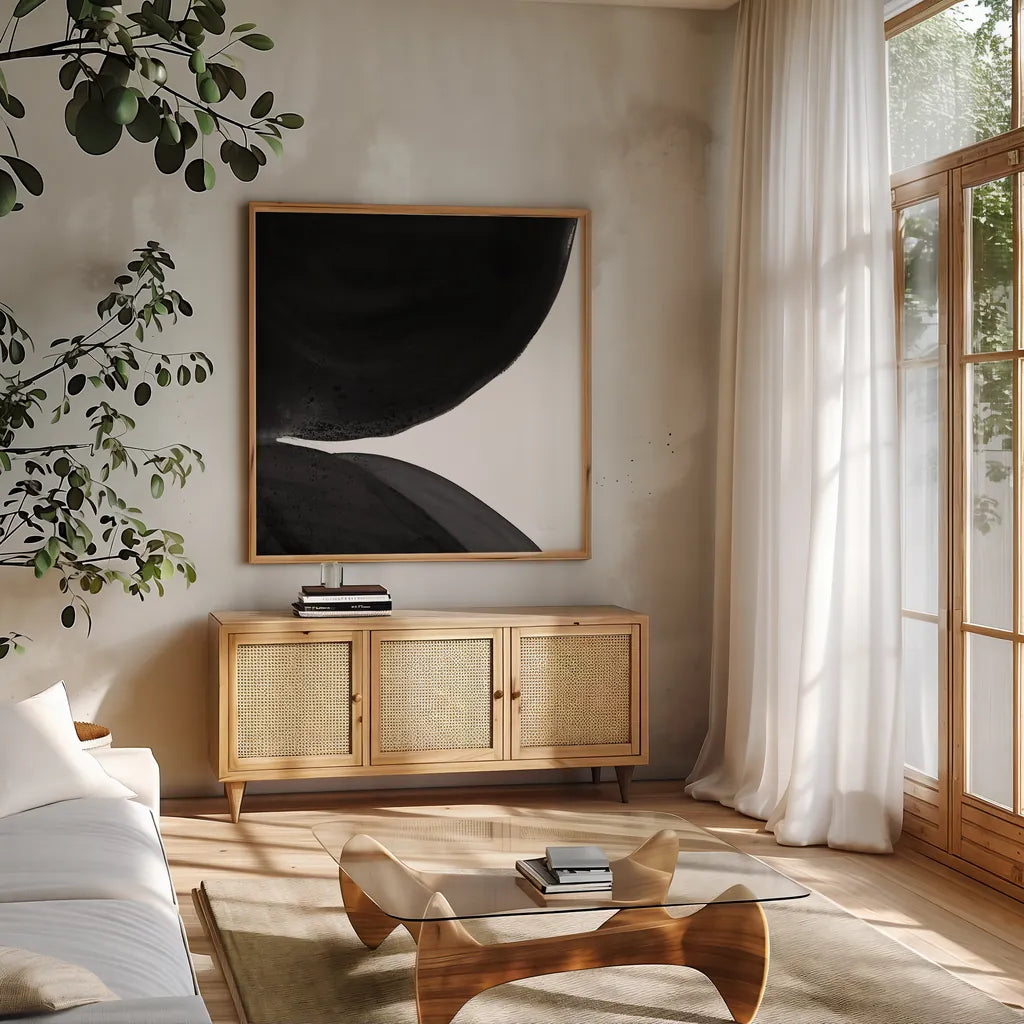 Black and White Pools II by Piper Rhue. Shown in a natural wood frame in a cozy modern living room. Available as an archival giclee rolled canvas, fine art paper, or poster print. SKU 75520a.