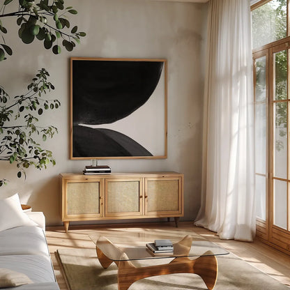 Black and White Pools II by Piper Rhue. Shown in a natural wood frame in a cozy modern living room. Available as an archival giclee rolled canvas, fine art paper, or poster print. SKU 75520a.