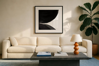 Black and White Pools II by Piper Rhue. Displayed in a glass frame with matte in a clean modern living room. Available as an archival giclee rolled canvas, fine art paper, or poster print. SKU 75520a.
