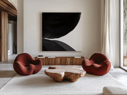 Black and White Pools II by Piper Rhue. Shown as extra-large giant wall art in a modern living room. Available as an archival giclee rolled canvas, fine art paper, or poster print. SKU 75520a.