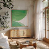 Bright Pools II by Piper Rhue. Shown in a natural wood frame in a cozy modern living room. Available as an archival giclee rolled canvas, fine art paper, or poster print. SKU 80386a.
