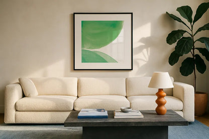 Bright Pools II by Piper Rhue. Displayed in a glass frame with matte in a clean modern living room. Available as an archival giclee rolled canvas, fine art paper, or poster print. SKU 80386a.