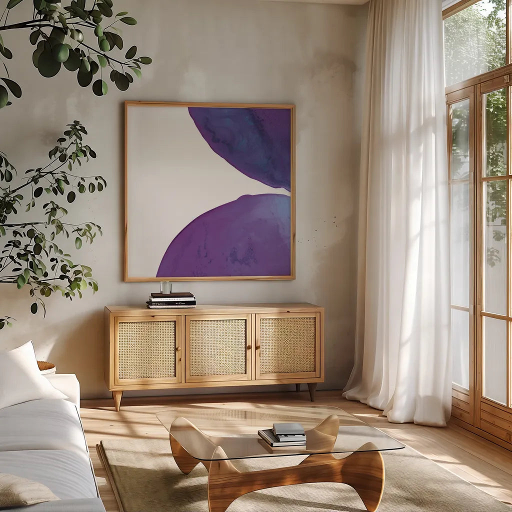 Bright Pools III by Piper Rhue. Shown in a natural wood frame in a cozy modern living room. Available as an archival giclee rolled canvas, fine art paper, or poster print. SKU 80387a.