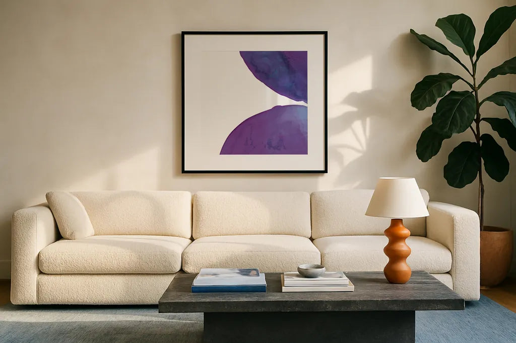 Bright Pools III by Piper Rhue. Displayed in a glass frame with matte in a clean modern living room. Available as an archival giclee rolled canvas, fine art paper, or poster print. SKU 80387a.