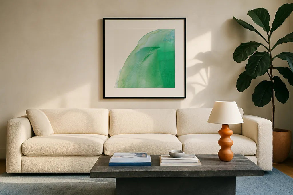 Bright Swishes I by Piper Rhue. Displayed in a glass frame with matte in a clean modern living room. Available as an archival giclee rolled canvas, fine art paper, or poster print. SKU 80382a.
