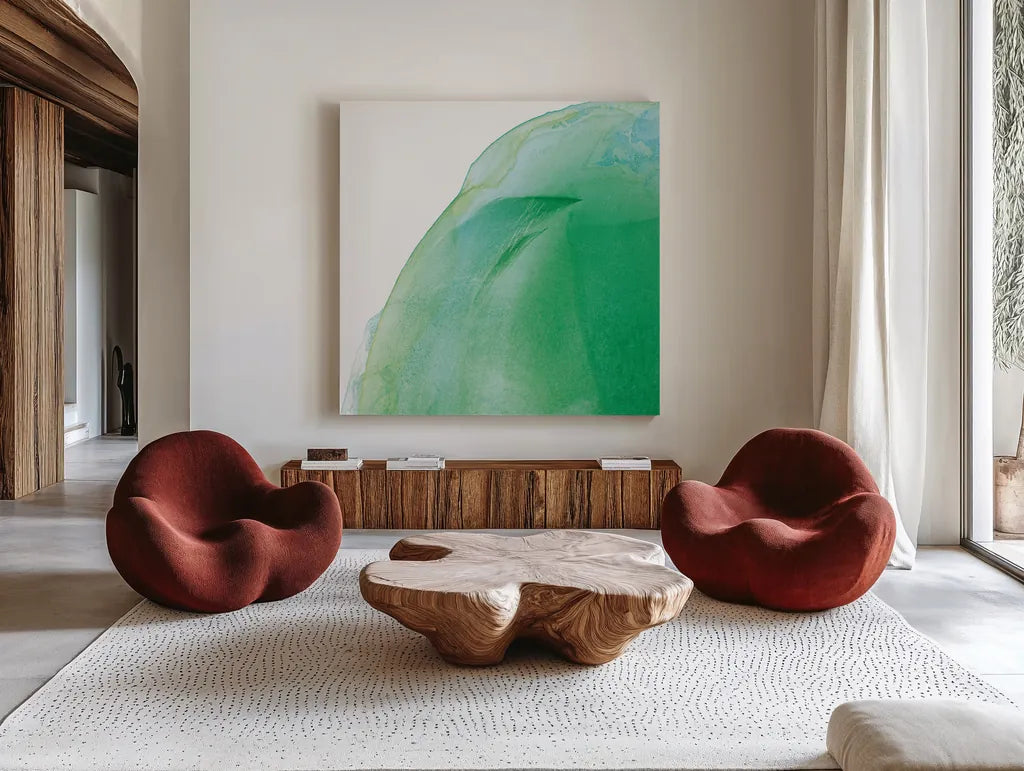 Bright Swishes I by Piper Rhue. Shown as extra-large giant wall art in a modern living room. Available as an archival giclee rolled canvas, fine art paper, or poster print. SKU 80382a.