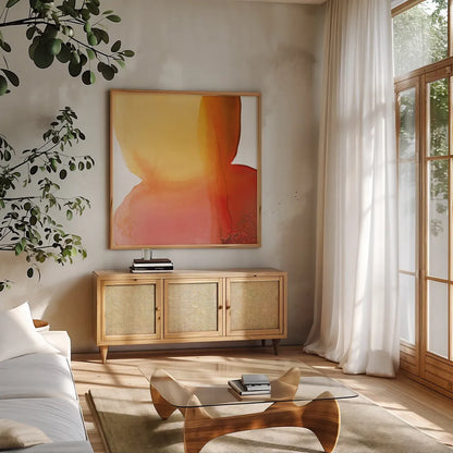 Bright Swishes II by Piper Rhue. Shown in a natural wood frame in a cozy modern living room. Available as an archival giclee rolled canvas, fine art paper, or poster print. SKU 80383a.