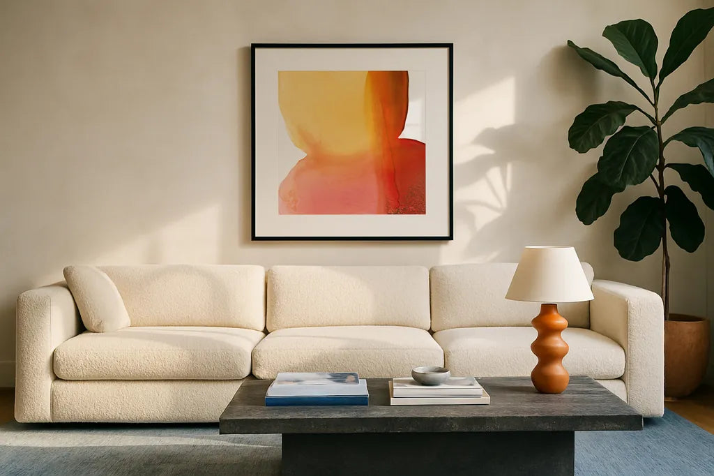 Bright Swishes II by Piper Rhue. Displayed in a glass frame with matte in a clean modern living room. Available as an archival giclee rolled canvas, fine art paper, or poster print. SKU 80383a.