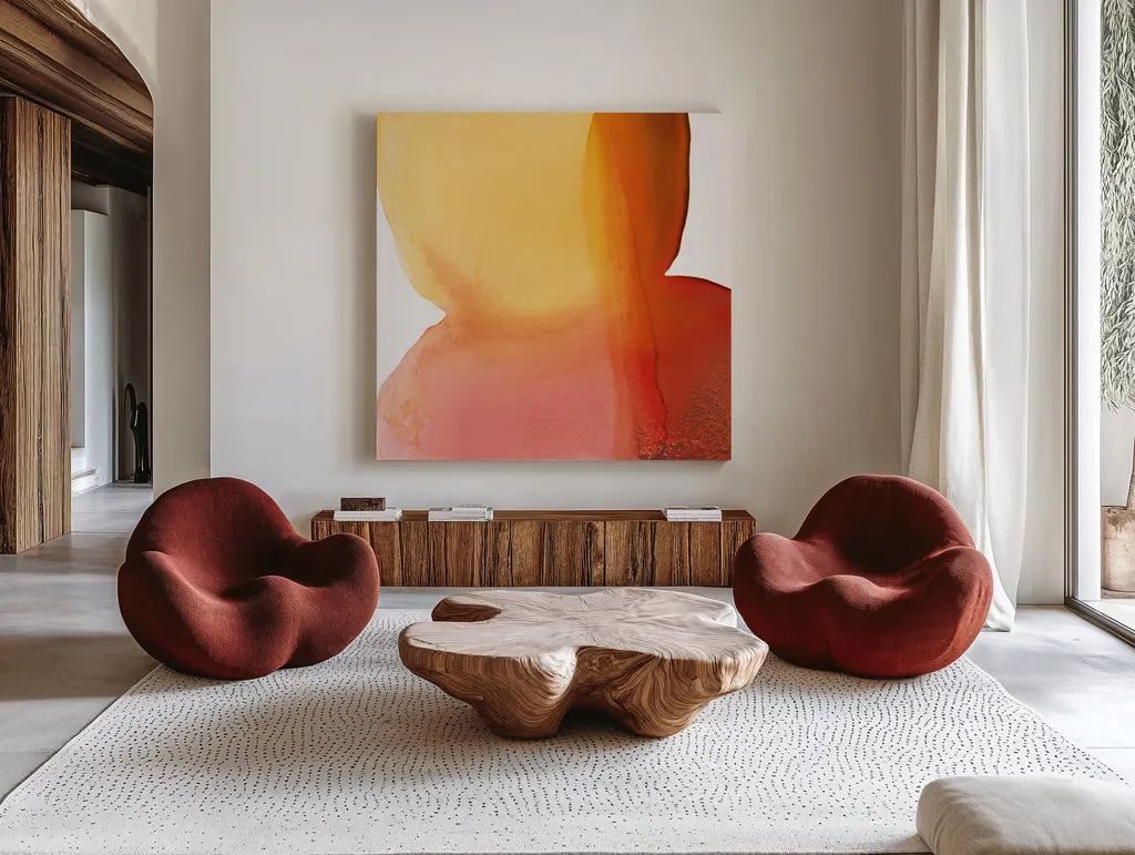 Bright Swishes II by Piper Rhue. Shown as extra-large giant wall art in a modern living room. Available as an archival giclee rolled canvas, fine art paper, or poster print. SKU 80383a.