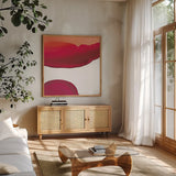 Bright Swishes III by Piper Rhue. Shown in a natural wood frame in a cozy modern living room. Available as an archival giclee rolled canvas, fine art paper, or poster print. SKU 80384a.