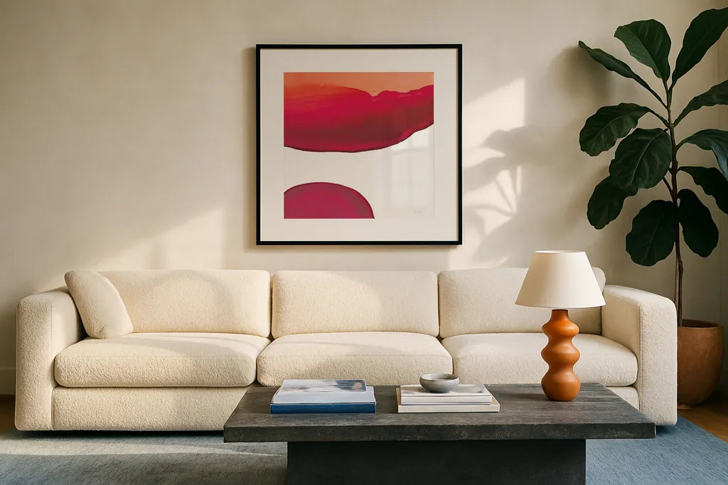 Bright Swishes III by Piper Rhue. Displayed in a glass frame with matte in a clean modern living room. Available as an archival giclee rolled canvas, fine art paper, or poster print. SKU 80384a.