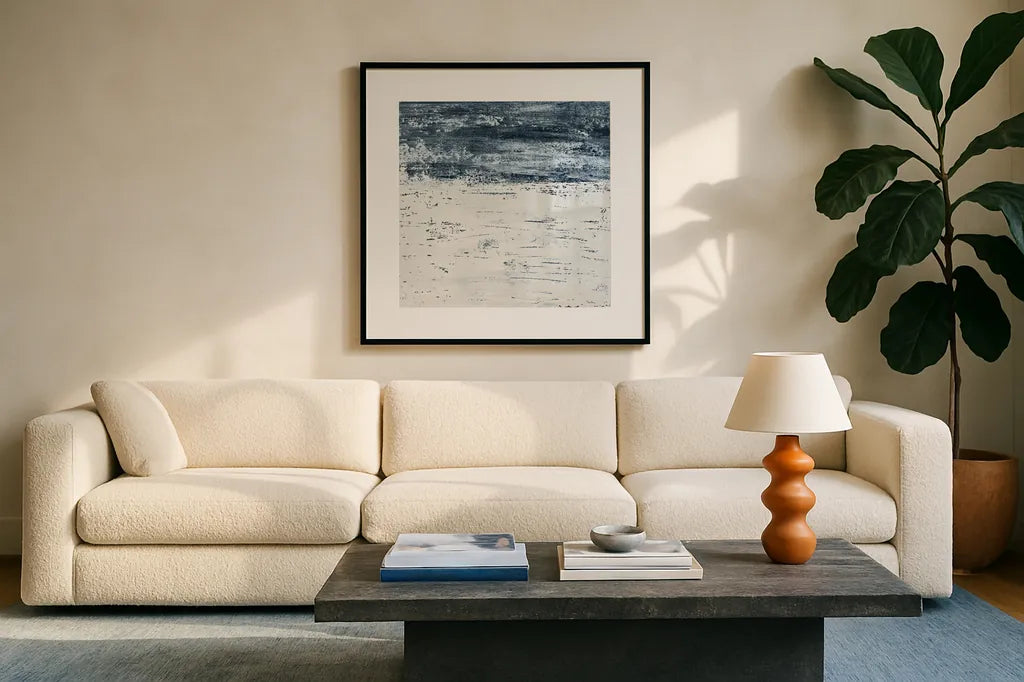 City Beach Crop by Piper Rhue. Displayed in a glass frame with matte in a clean modern living room. Available as an archival giclee rolled canvas, fine art paper, or poster print. SKU 30612a.