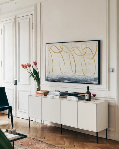 City Beach Crop Gold by Piper Rhue. shown as a framed stretched canvas in a living room above a console. Available as a archival giclee rolled canvas, fine art paper, or poster print. SKU 31549i.