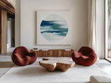 Dark Matter Blue I by Piper Rhue. Shown as extra-large giant wall art in a modern living room. Available as an archival giclee rolled canvas, fine art paper, or poster print. SKU 53961a.