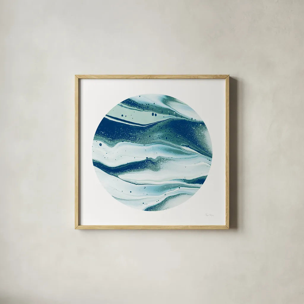Dark Matter Blue II by Piper Rhue. Shown in a natural wood glass frame for a timeless modern aesthetic. Available as an archival giclee rolled canvas, fine art paper, or poster print. SKU 53962a.