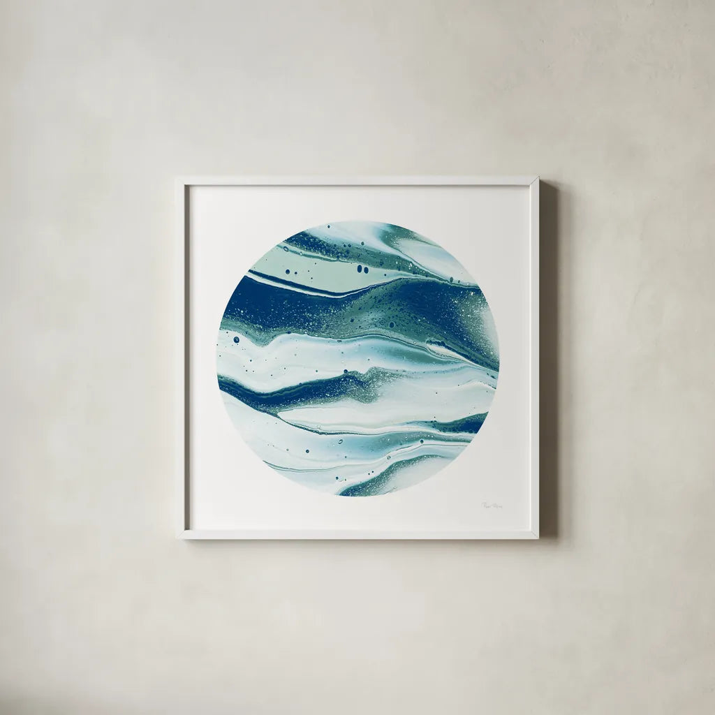 Dark Matter Blue II by Piper Rhue. Shown in a crisp white glass frame for a clean and minimalist style. Available as an archival giclee rolled canvas, fine art paper, or poster print. SKU 53962a.
